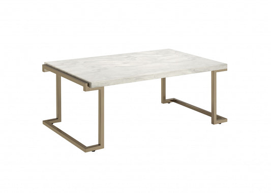 Rectangular Marble Top with Champagne Metal Base Cofee Table By Homeroots | Coffee Tables | Modishstore