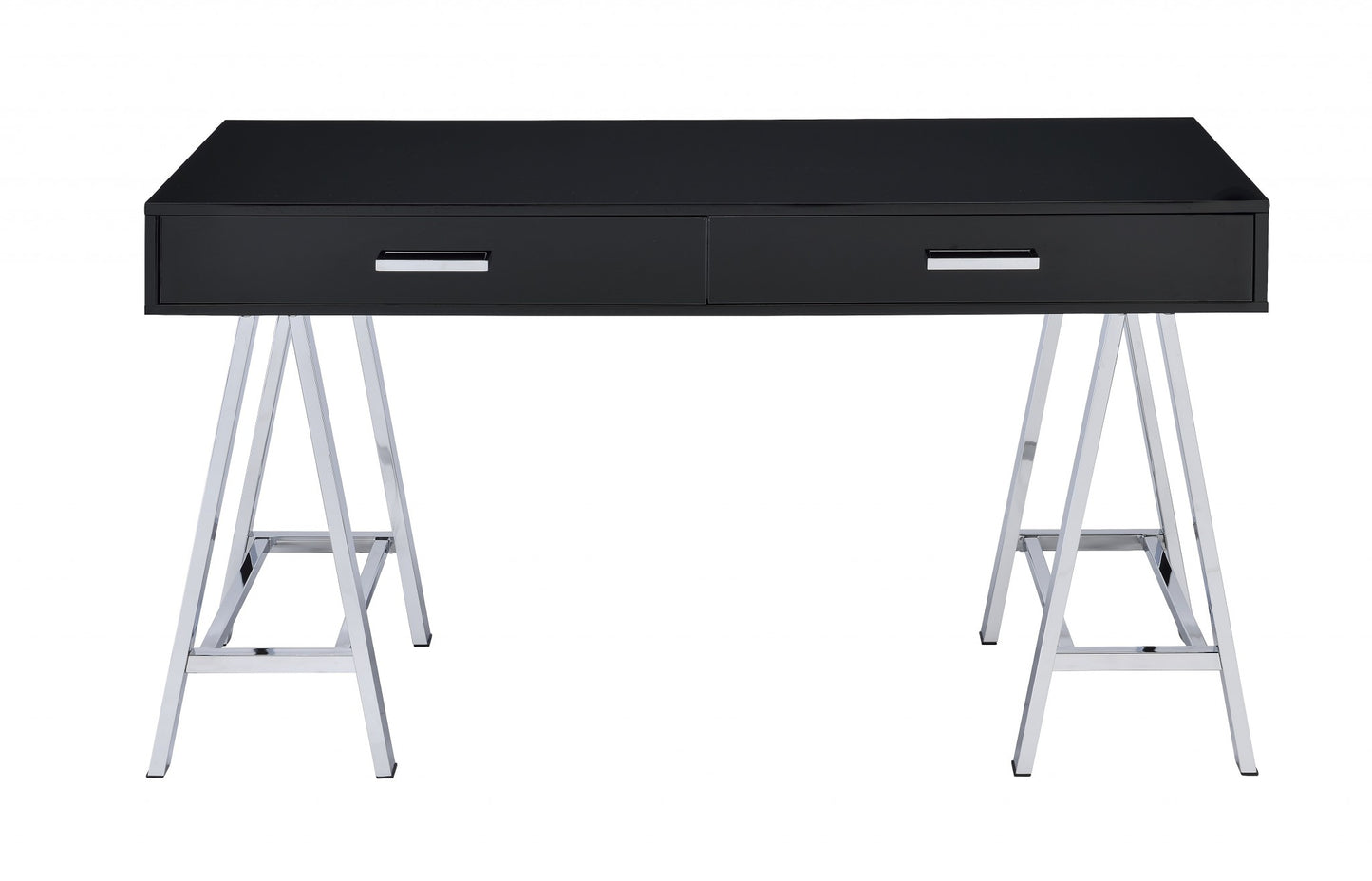Desk In Black & Chrome - Glossy Polyester Particl Black & Chrome By Homeroots | Desks | Modishstore