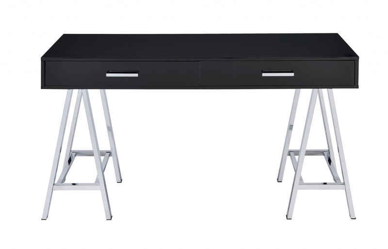 Desk In Black & Chrome - Glossy Polyester Particl Black & Chrome By Homeroots | Desks | Modishstore