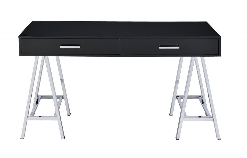 Desk In Black & Chrome - Glossy Polyester Particl Black & Chrome By Homeroots | Desks | Modishstore - 2