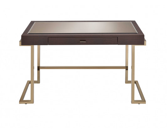 Brown Faux Leather and Light Gold Mirror Desk By Homeroots