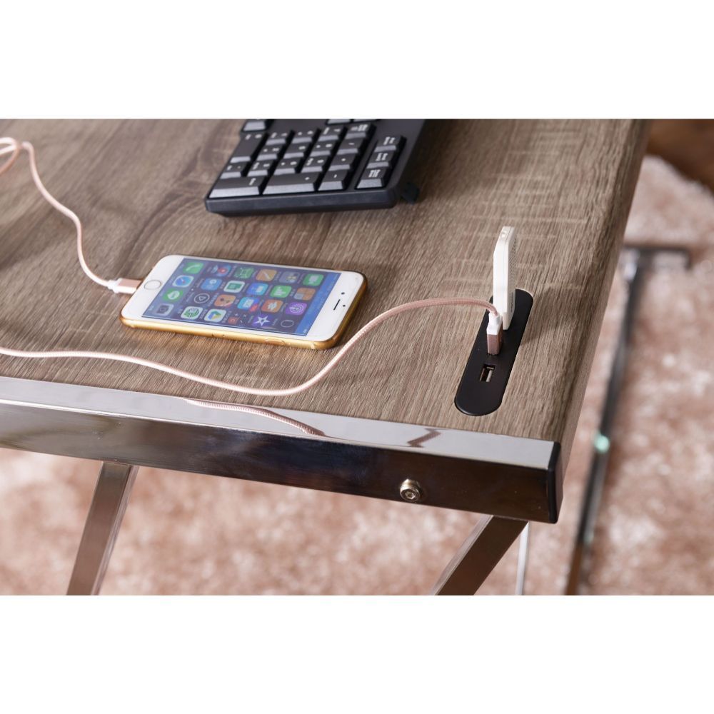Cool Oak and Chrome USB Desk By Homeroots | Desks | Modishstore - 6