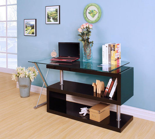 Black High Gloss Clear Glass Office Desk By Homeroots | Desks | Modishstore - 2