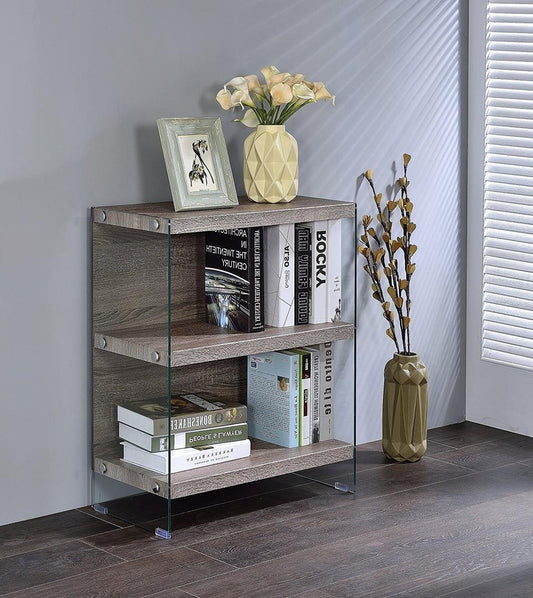 Clear Glass And Gray Oak Bookcase By Homeroots | Bookcases | Modishstore - 2