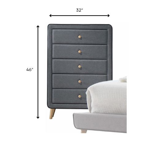 46' Light Gray Upholstery 5 Drawer Chest Dresser With Light Natural Legs By Homeroots | Dressers | Modishstore - 2