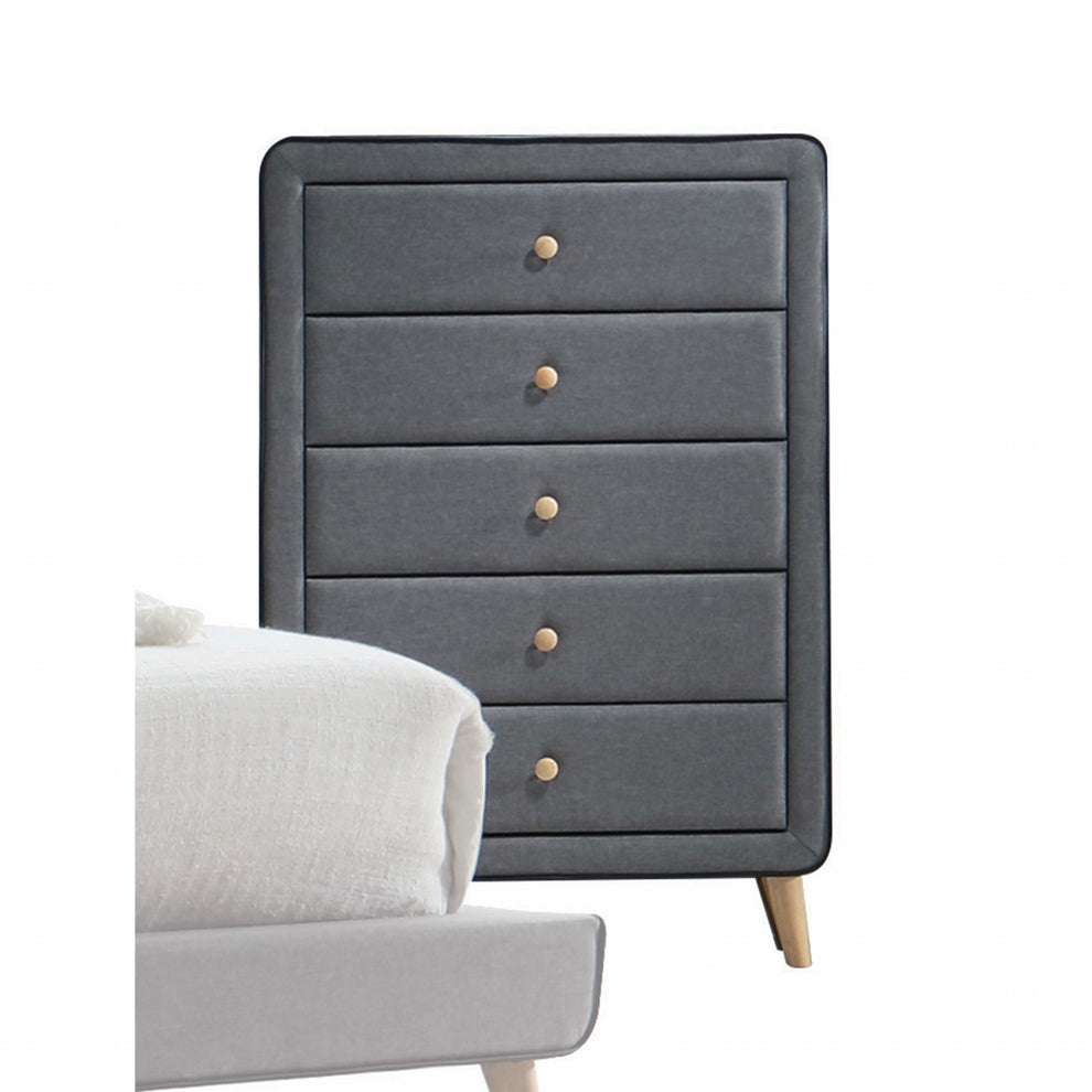 46' Light Gray Upholstery 5 Drawer Chest Dresser With Light Natural Legs By Homeroots | Dressers | Modishstore - 3