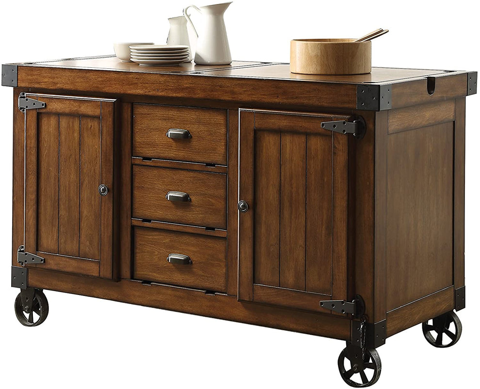 Rustic Farmhouse Warm Tobacco Rolling Kitchen Cart By Homeroots | Bar Carts | Modishstore - 2