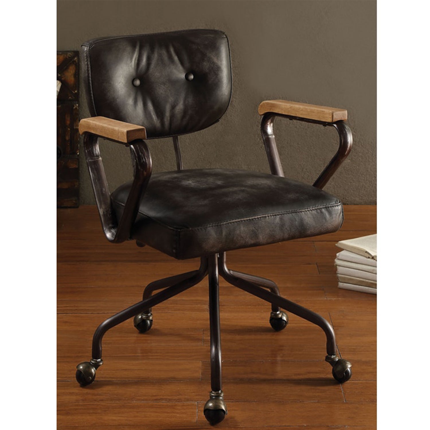 Vintage Black Top Grain Leather Office Chair By Homeroots | Office Chairs | Modishstore