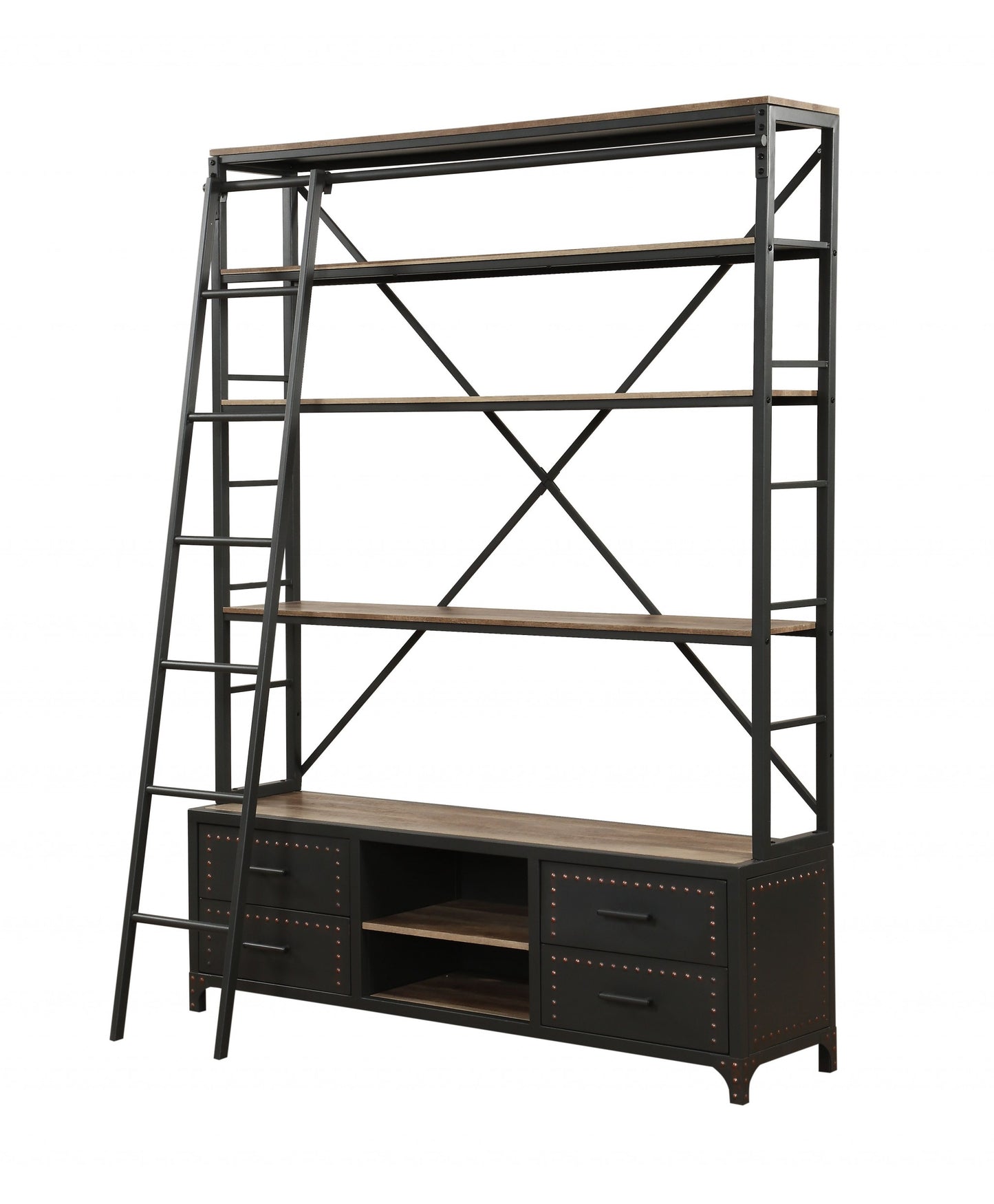 Sandy Gray Metal Tube Bookcase With Ladder By Homeroots | Bookcases | Modishstore