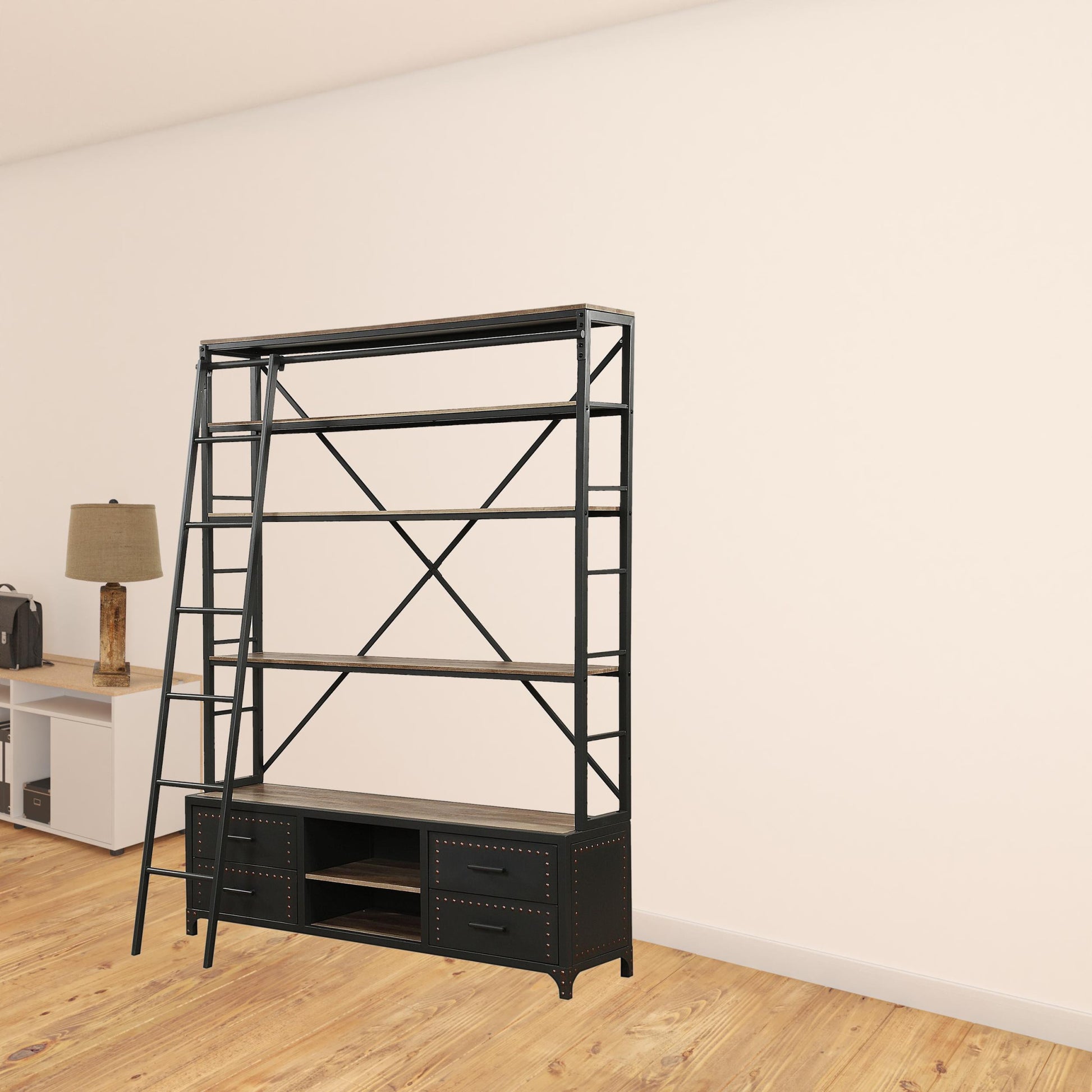 Sandy Gray Metal Tube Bookcase With Ladder By Homeroots | Bookcases | Modishstore - 2