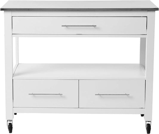 White And Stainless Rolling Kitchen Island Or Bar Cart By Homeroots | Bar Carts | Modishstore