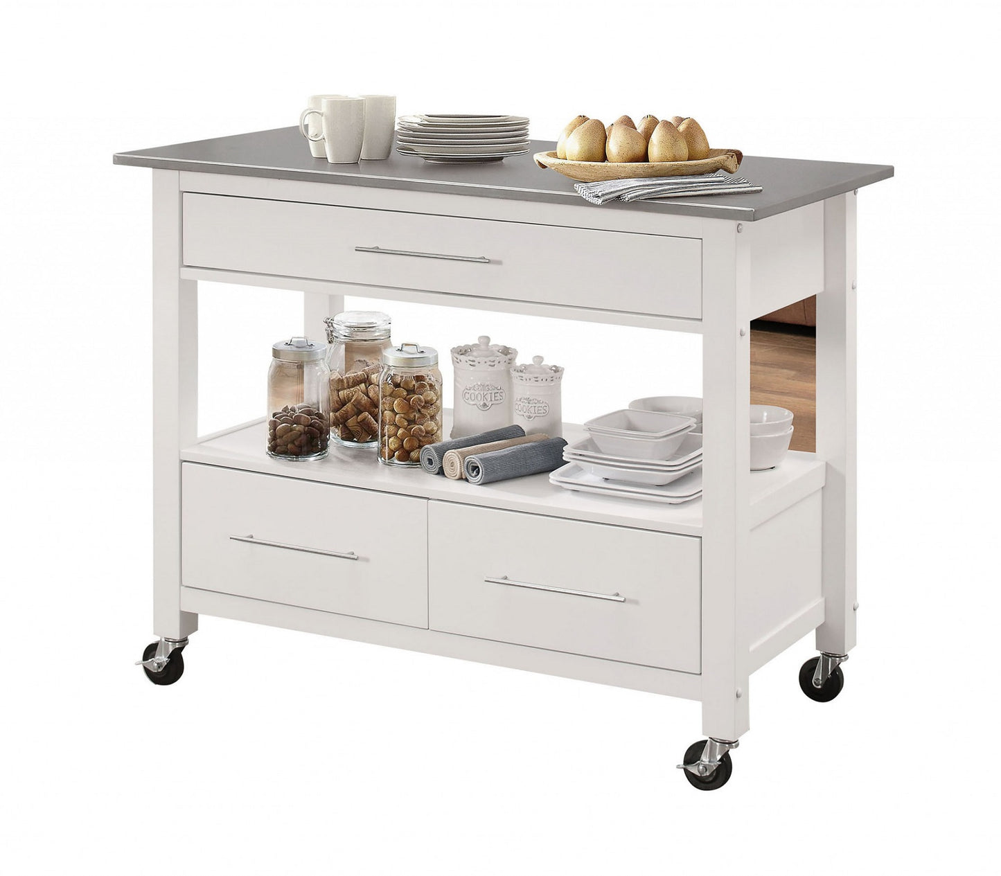 White And Stainless Rolling Kitchen Island Or Bar Cart By Homeroots | Bar Carts | Modishstore - 5