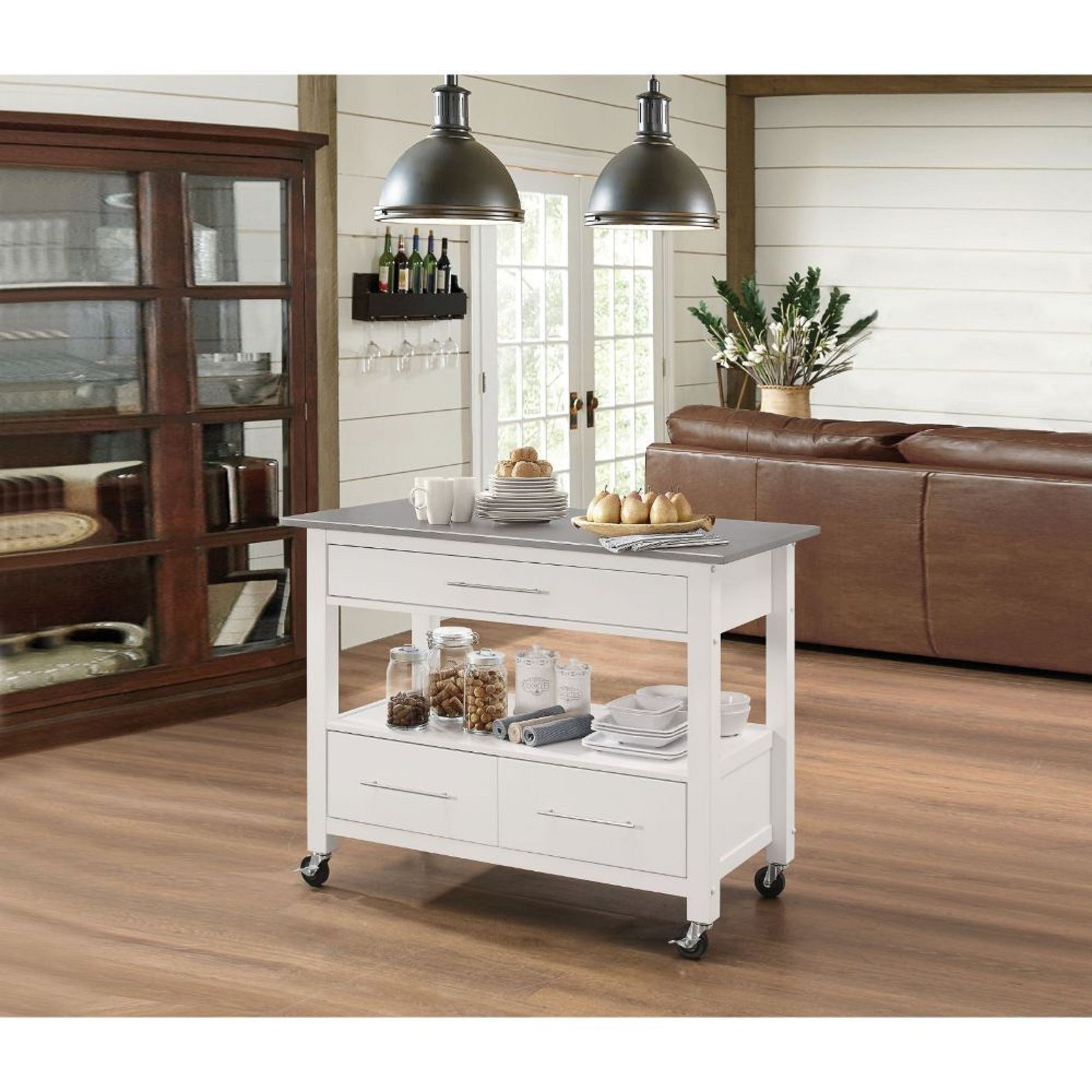 White And Stainless Rolling Kitchen Island Or Bar Cart By Homeroots | Bar Carts | Modishstore