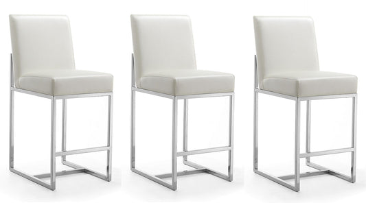 Manhattan Comfort Element 37.2 in. Pearl White and Polished Chrome Stainless Steel Counter Height Bar Stool (Set of 3) | Counter Stools | Modishstore