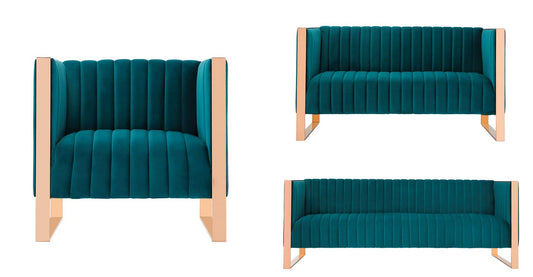 Manhattan Comfort Trillium 3-Piece Teal and Rose Gold Sofa, Loveseat and Armchair | Sofas | Modishstore