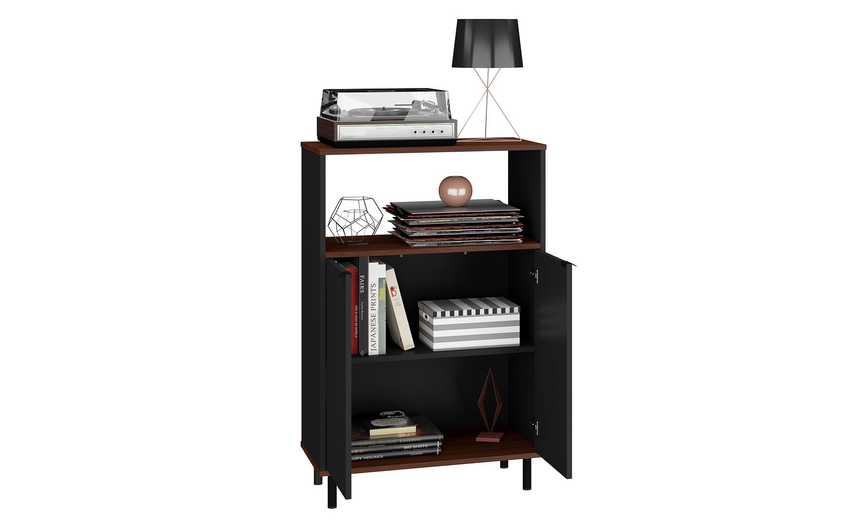 Manhattan Comfort Mosholu Accent Cabinet with 3 Shelves in Black and Nut Brown | Cabinets | Modishstore
