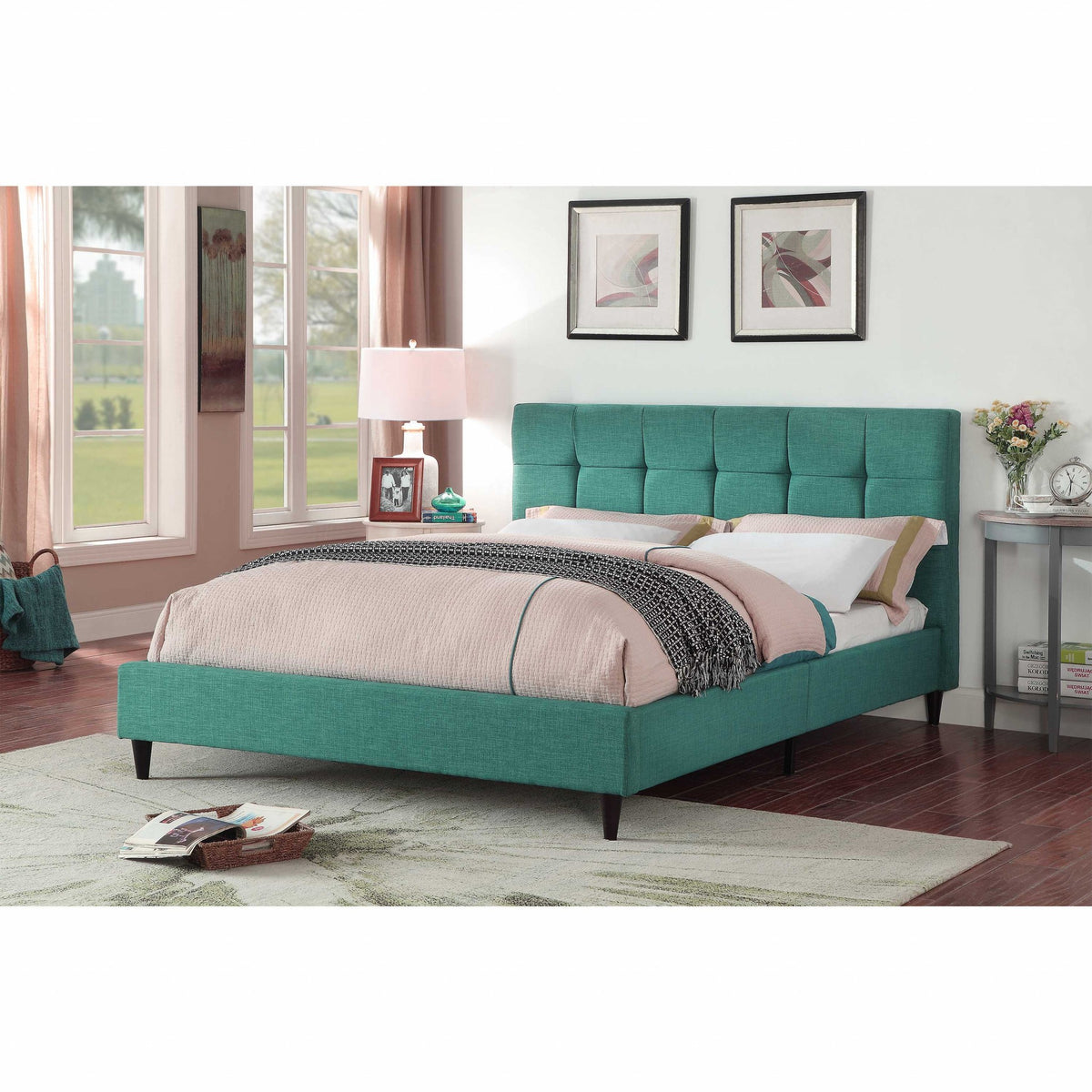 Queen Blue Modern Upholstered Square Stitched Platform Bed By Homeroots | Beds | Modishstore