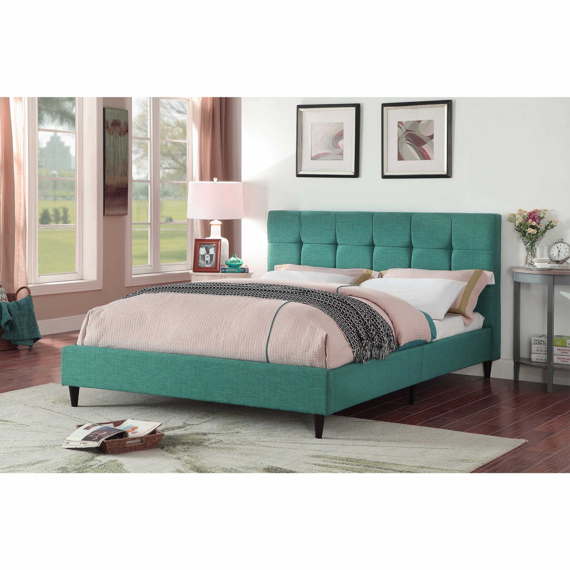 California King Blue Modern Upholstered Square Stitched Platform Bed By Homeroots | Beds | Modishstore - 2