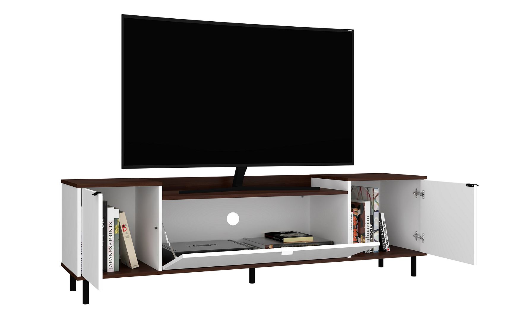 Manhattan Comfort Mosholu 77.04 TV Stand with 4 Shelves in Black and Nut Brown | TV Stands | Modishstore-5