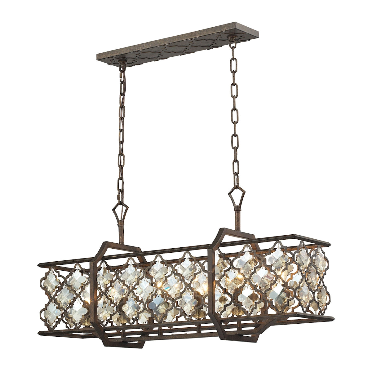 Armand 6-Light Linear Chandelier in Weathered Bronze with Amber Teak Crystals and Metal Shade ELK Lighting | Chandeliers | Modishstore