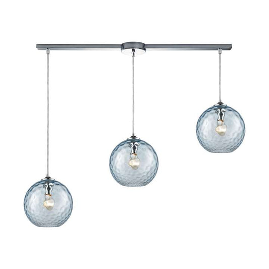 Watersphere 3-Light Linear Mini Pendant Fixture in Chrome with Hammered Aqua Glass | Pendant Lamps | Modishstore
