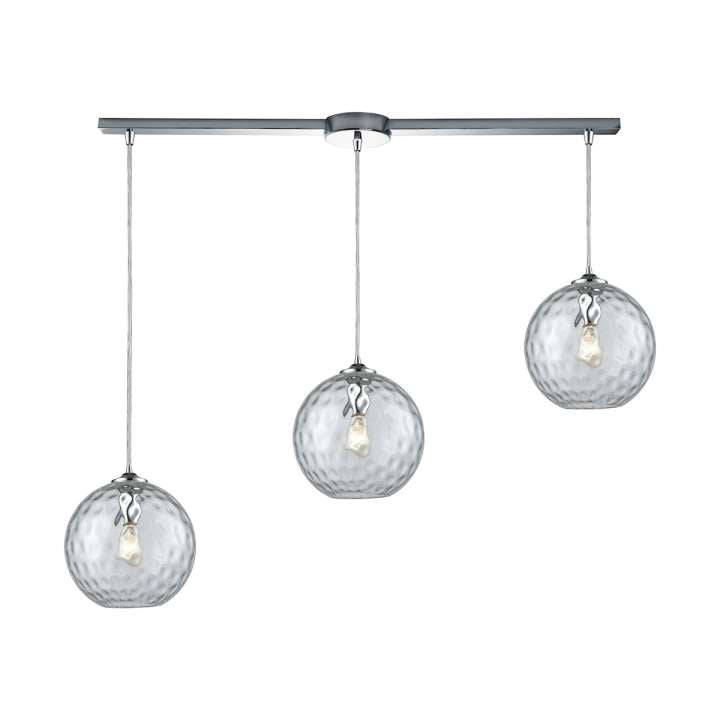 Watersphere 3-Light Linear Mini Pendant Fixture in Chrome with Hammered Clear Glass | Pendant Lamps | Modishstore