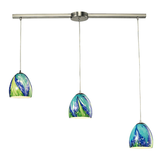 Colorwave 3-Light Linear Pendant Fixture in Satin Nickel with Blue and Green Glass ELK Lighting | Pendant Lamps | Modishstore