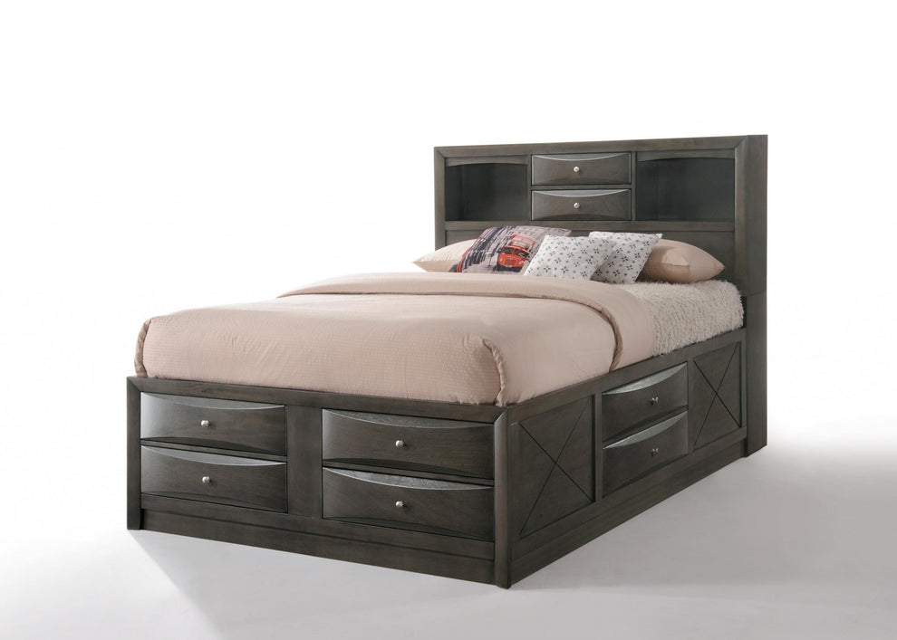 Gray Oak Rubber Wood Full Storage Bed By Homeroots | Beds | Modishstore - 2