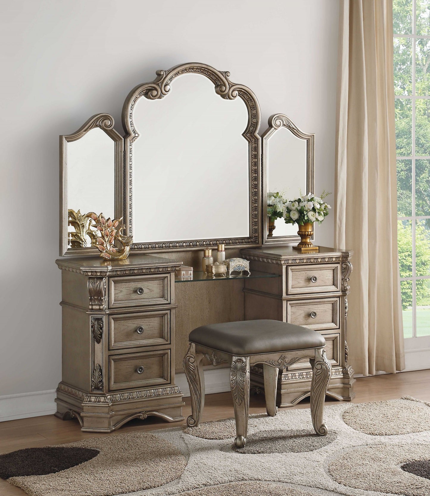 Antique Champagne Pu Vanity Stool By Homeroots | Stools | Modishstore