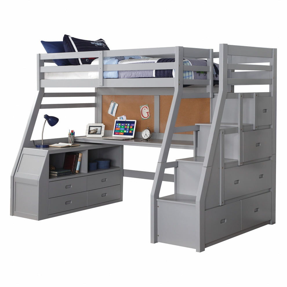 Twin Size Gray Finish Pine Wood Loft Bed By Homeroots | Beds | Modishstore - 2