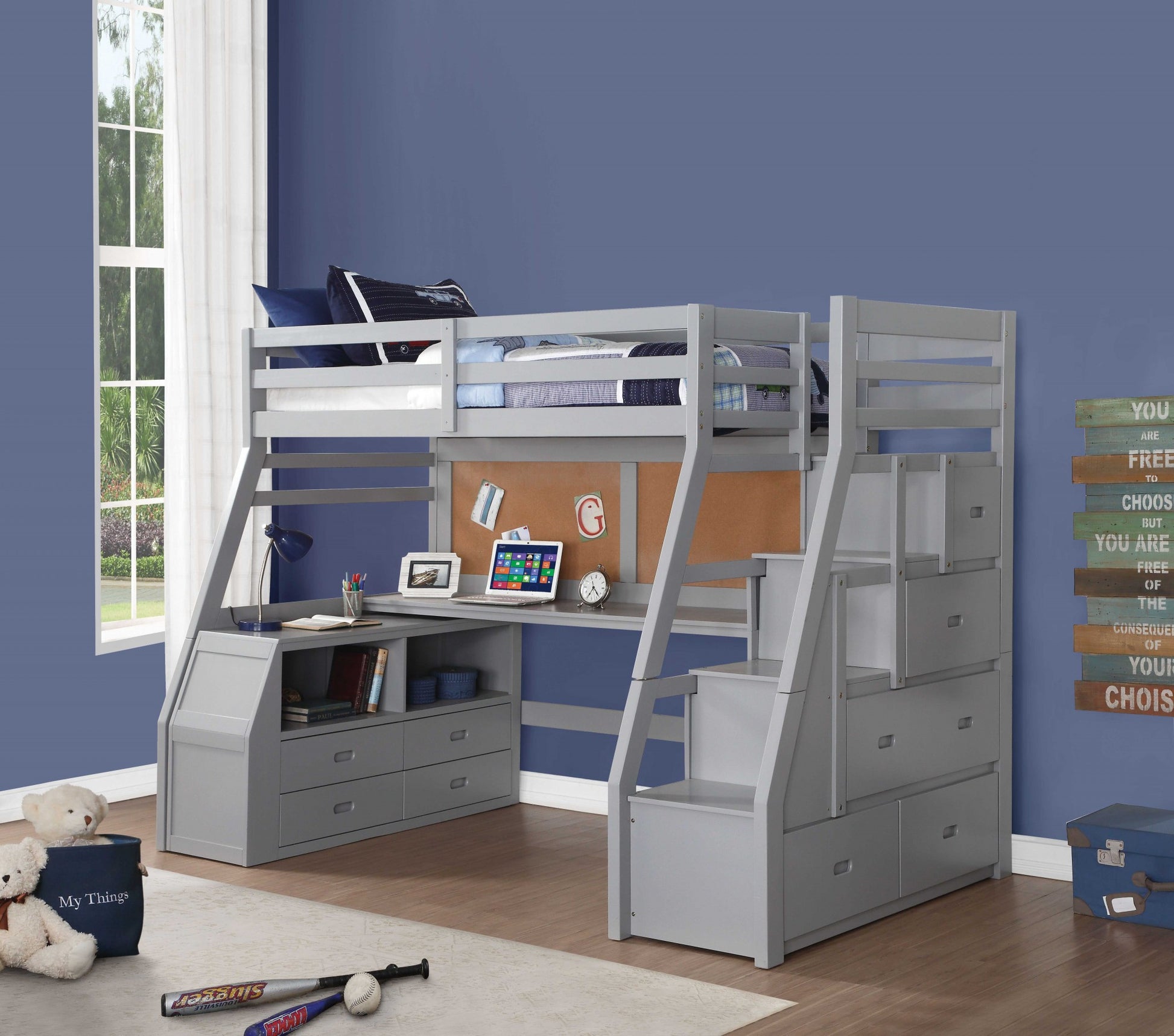 Twin Size Gray Finish Pine Wood Loft Bed By Homeroots | Beds | Modishstore - 2