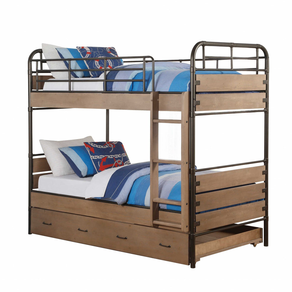 Antique Oak And Gunmetal Twin Over Twin Bunk Bed By Homeroots | Beds | Modishstore - 2