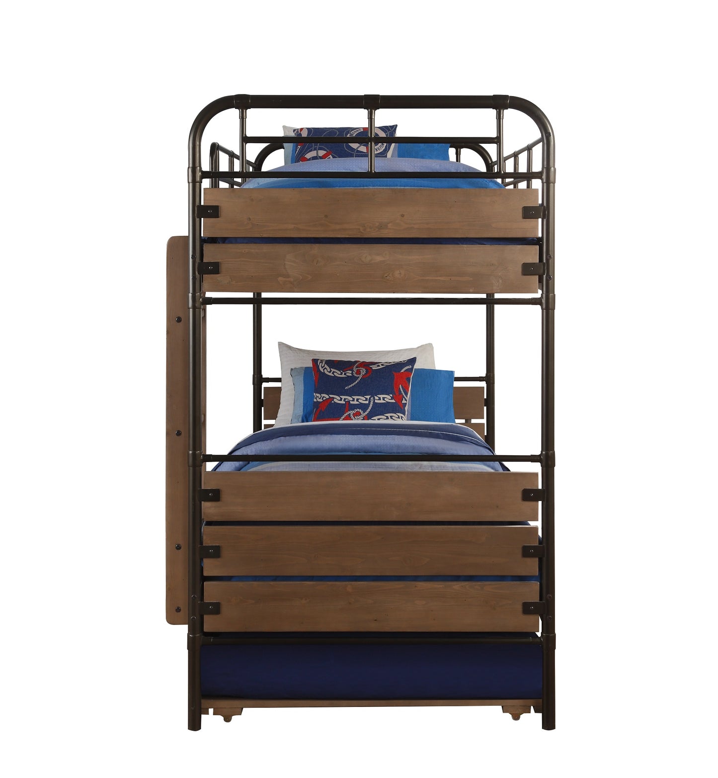Antique Oak And Gunmetal Twin Over Twin Bunk Bed By Homeroots | Beds | Modishstore - 3