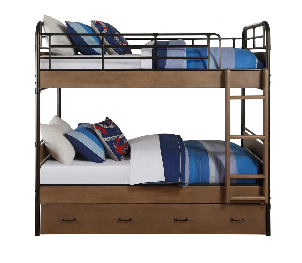 Antique Oak And Gunmetal Twin Over Twin Bunk Bed By Homeroots | Beds | Modishstore - 4