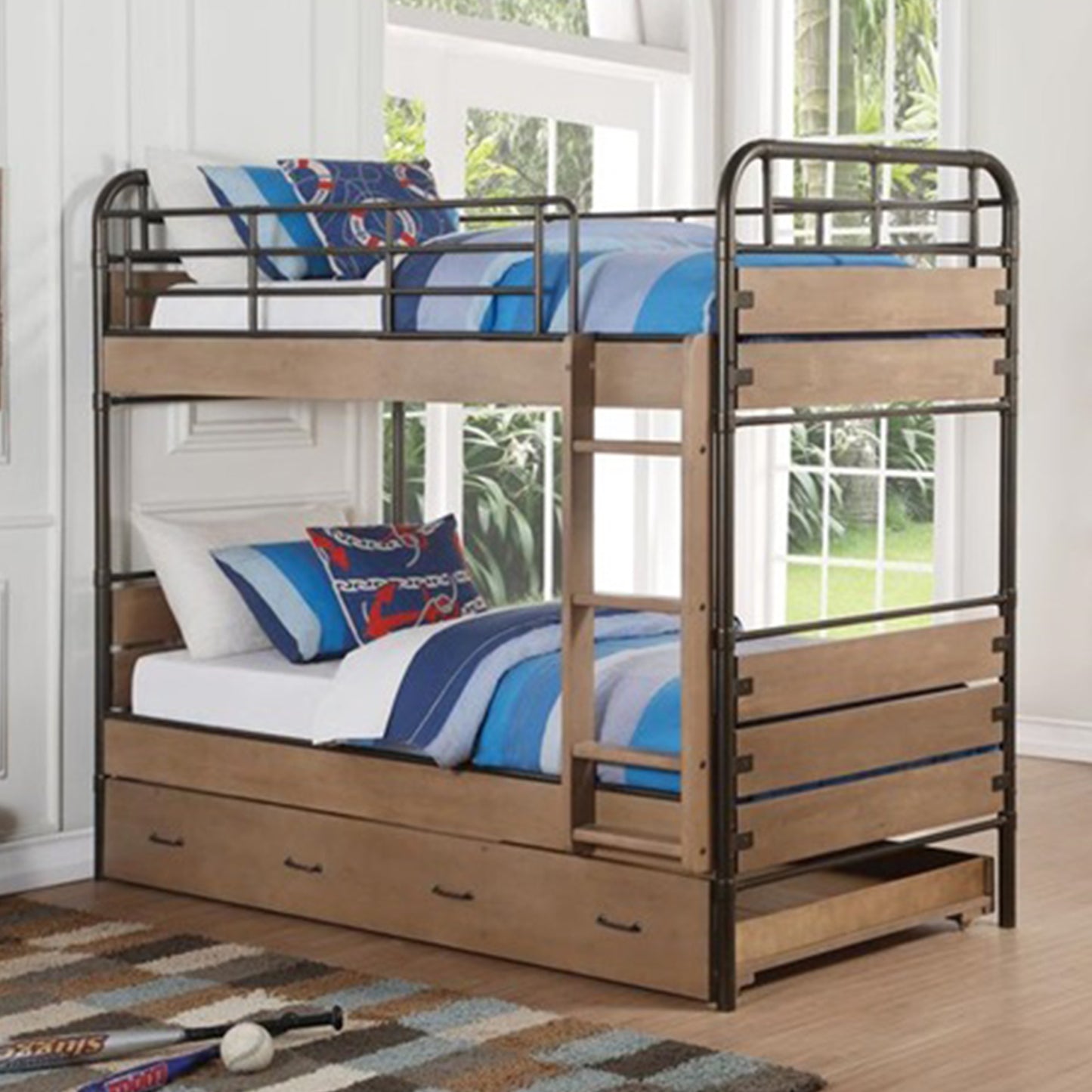 Antique Oak And Gunmetal Twin Over Twin Bunk Bed By Homeroots | Beds | Modishstore