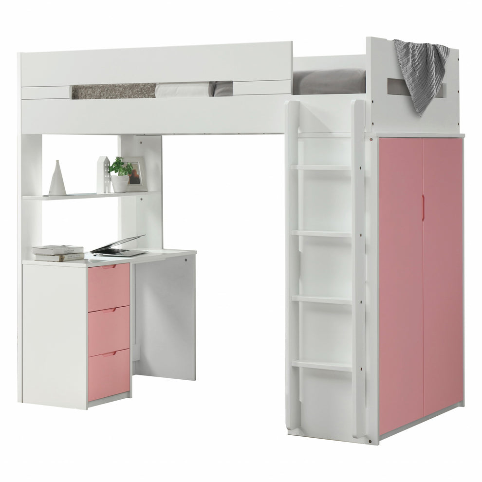 White And Pink Twin Loft Bed And Desk By Homeroots | Beds | Modishstore - 2