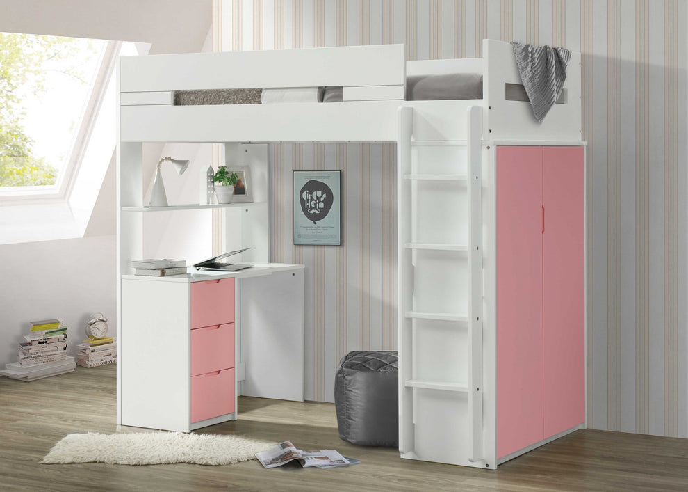 White And Pink Twin Loft Bed And Desk By Homeroots | Beds | Modishstore