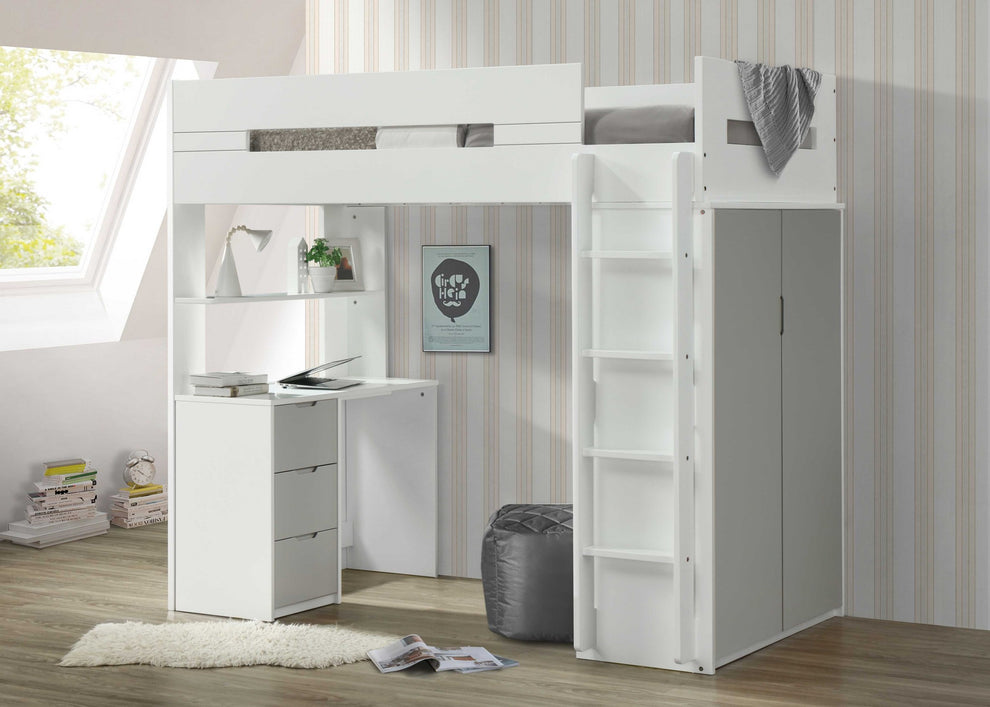 White And Pink Twin Loft Bed And Desk By Homeroots | Beds | Modishstore - 6