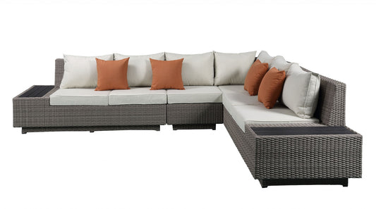 Beige Fabric And Gray Wicker Patio Sectional Sofa Set By Homeroots | Sofa Set | Modishstore