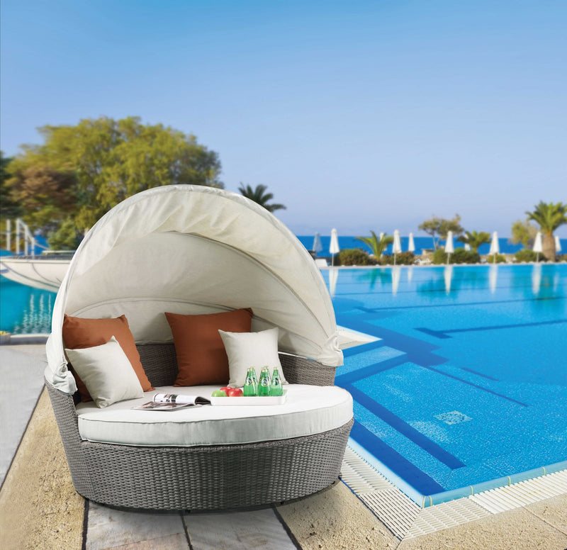 2Pc Beige Fabric And Gray Wicker Patio Canopy Daybed Set By Homeroots | Outdoor Patio Daybed | Modishstore