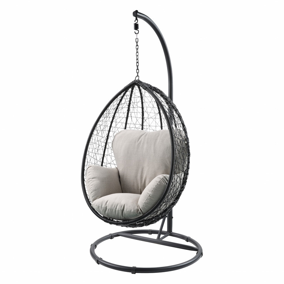 Beige and Black Hanging Pod Wicker Patio Swing Chair By Homeroots | Outdoor Porch Swings | Modishstore - 2