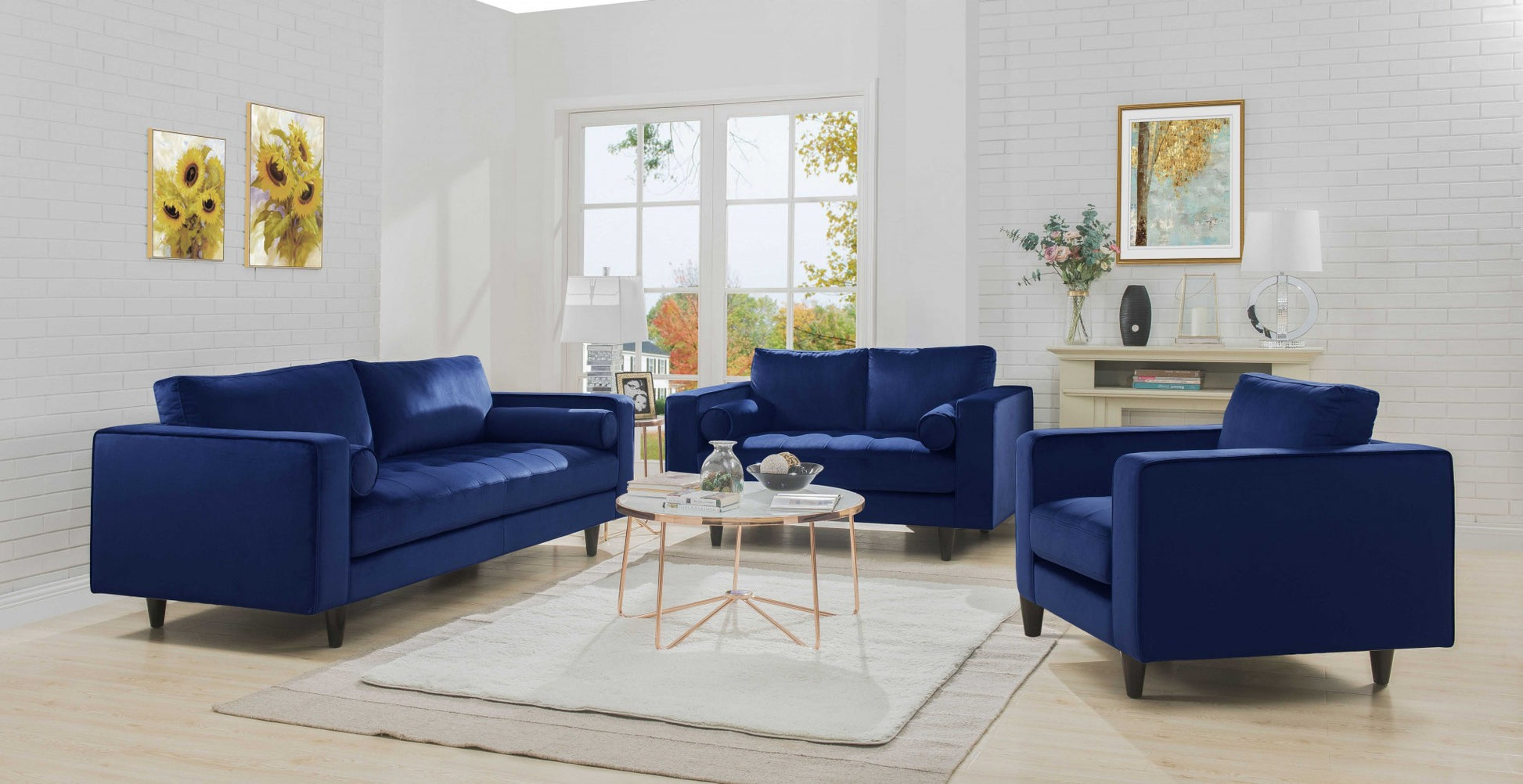 Navy Velvet Loveseat w Pillows By Homeroots | Loveseats | Modishstore