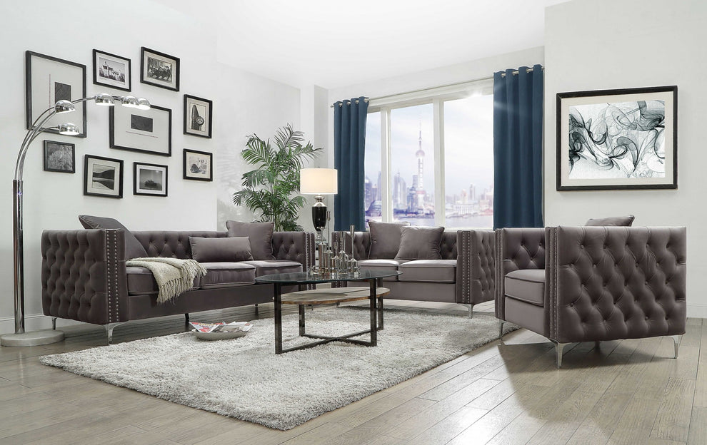 Dark Gray Velvet Loveseat w Pillows By Homeroots - 318846 | Loveseats | Modishstore - 2