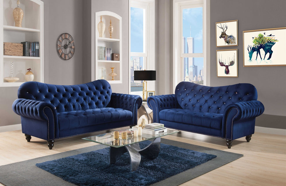 Navy Velvet Loveseat By Homeroots | Loveseats | Modishstore - 2