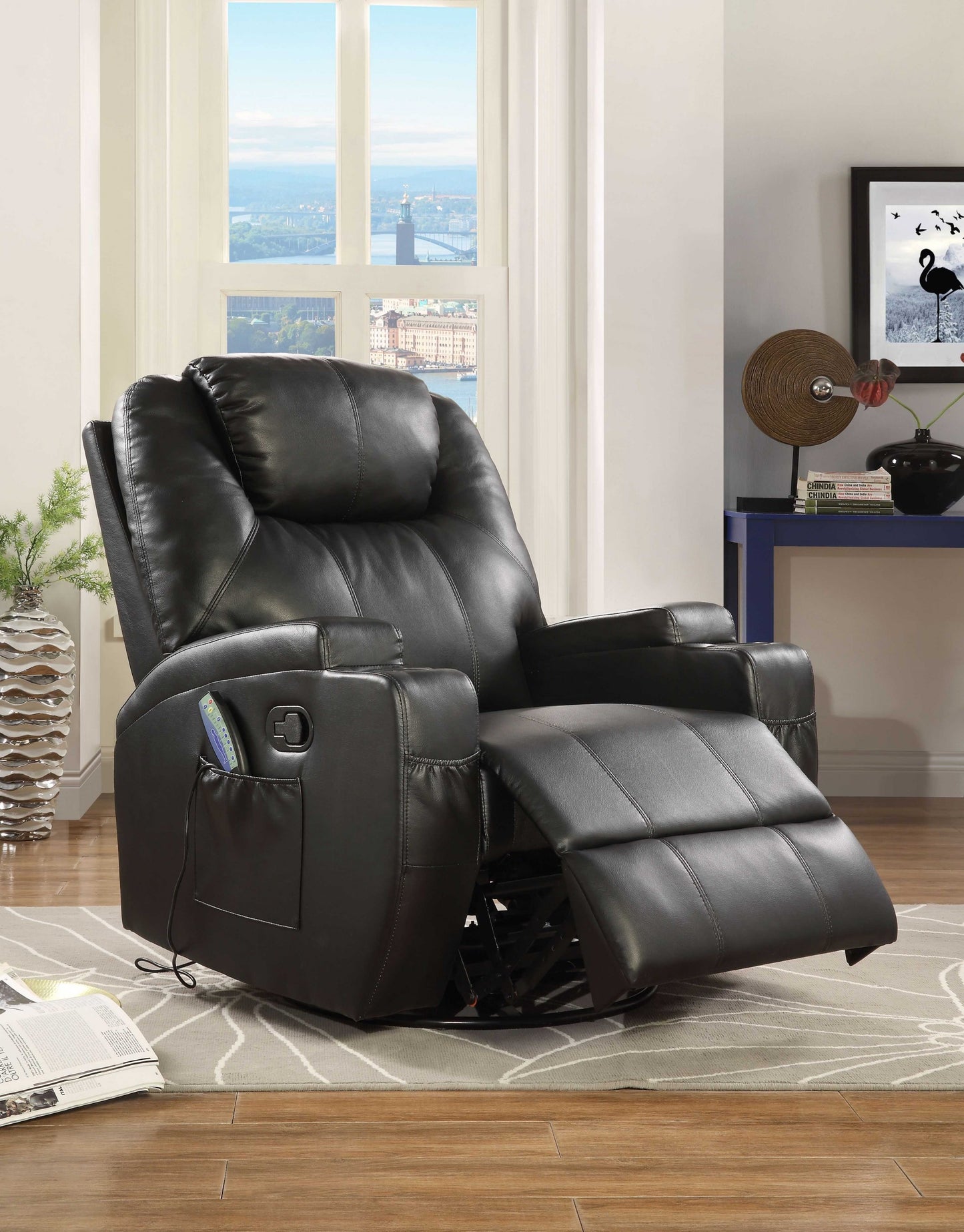 Black Bonded Leather Match Swivel Rocker Recliner With Massage By Homeroots | Chairs & Recliners | Modishstore - 2