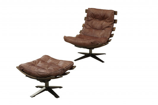 27' X 35' X 33' 2Pc Retro Brown Top Grain Leather Chair And Ottoman By Homeroots | Accent Chairs | Modishstore