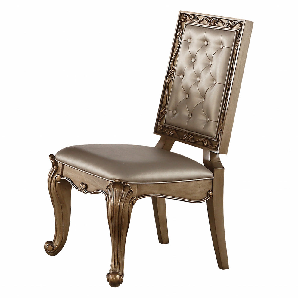 2Pc Champagne Leatherette And Antique Gold Side Chair By Homeroots | Dining Chairs | Modishstore - 2