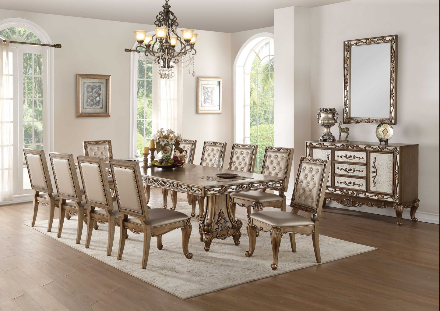 2Pc Champagne Leatherette And Antique Gold Side Chair By Homeroots | Dining Chairs | Modishstore