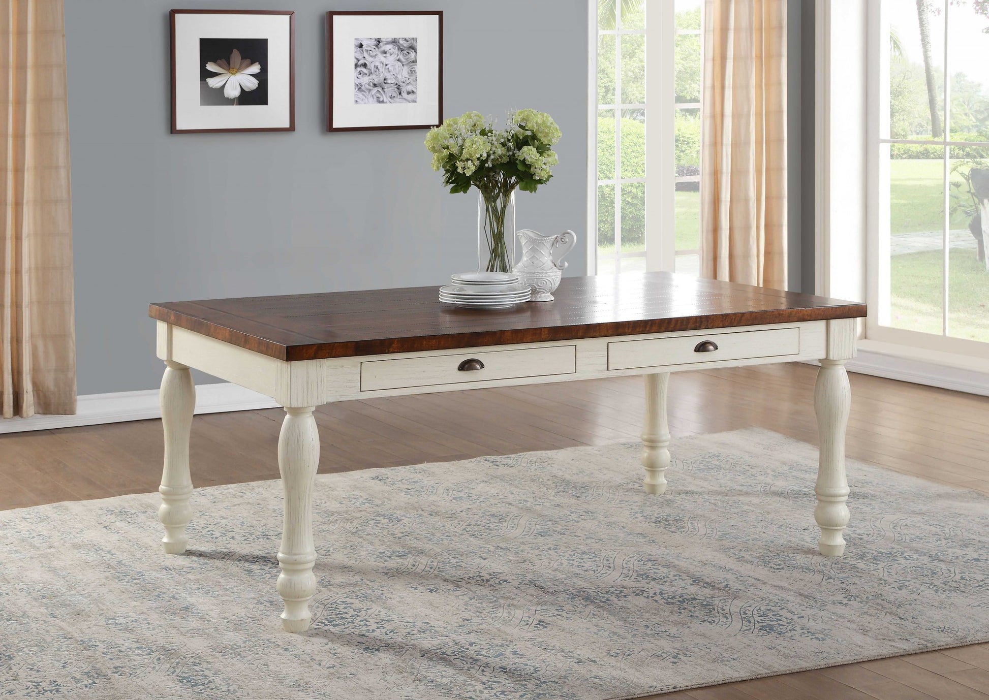 Walnut And White Washed Solid Wood Dining Table By Homeroots | Dining Tables | Modishstore