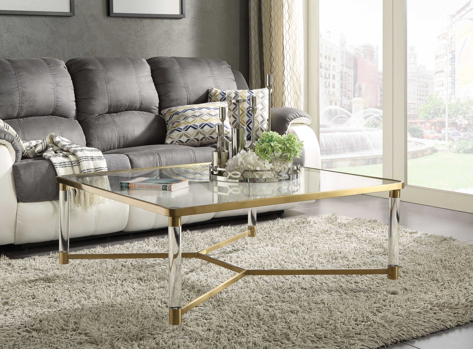 Clear Acrylic Gold Stainless Steel And Clear Glass Coffee Table By Homeroots | Coffee Tables | Modishstore - 3